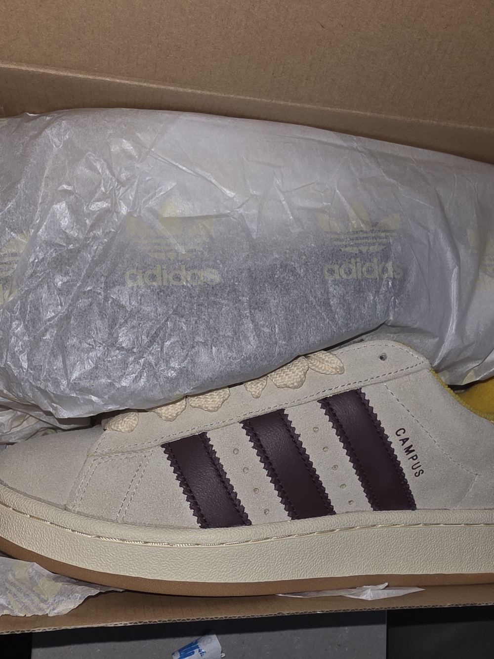 Adidas Campus Suede Sneakers in Cream with Dark Purple Stripes